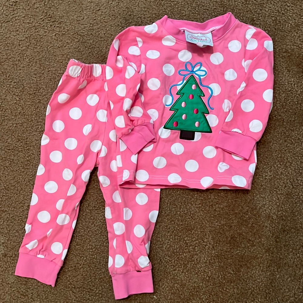 Smocked Auctions, pink and white polka dot Christmas tree pajamas, 12 month